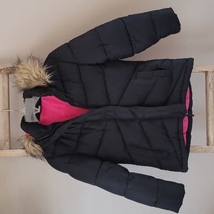 Big Girls Puffer Coat with Faux Fur Trimmed Hood - Black W/ Pink - Girls L 14